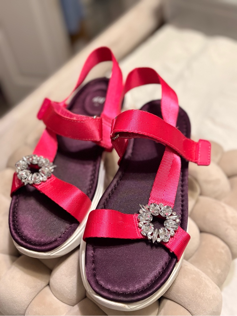 H&M Hot Pink Ribbon Sandals with Crystal Buckles